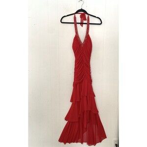 Vtg Morgan & Co Womens Small Dress Red Homecoming 90s Y2K Halter Beaded Tiered